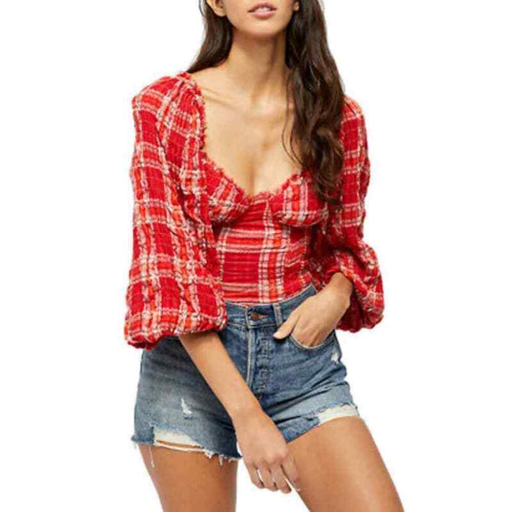 Free People Women's Cherry Bomb Madras Plaid Top Size XS Crop Boho Smocked Chic
